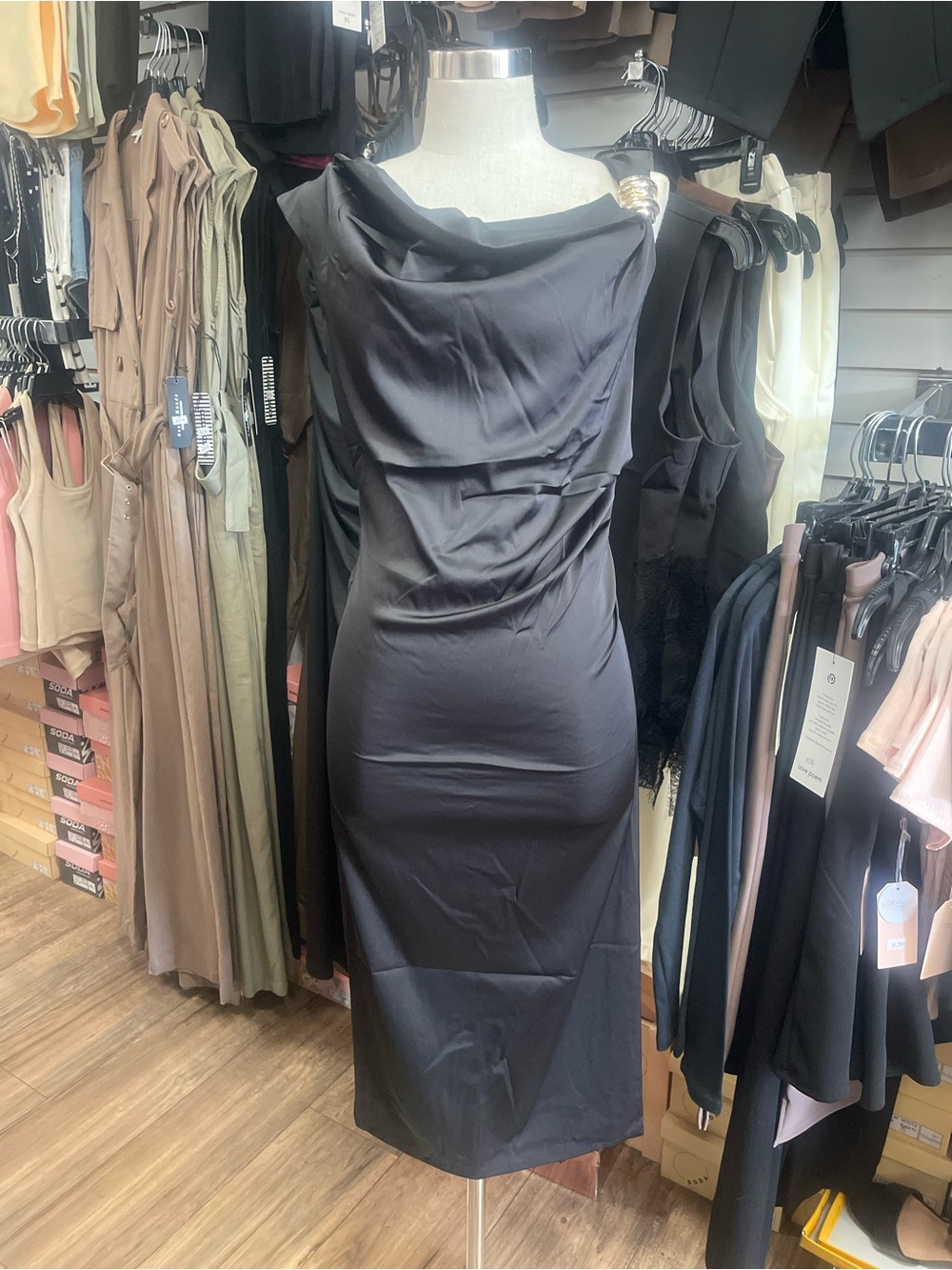 Satin Cowl Neck Black Midi Dress